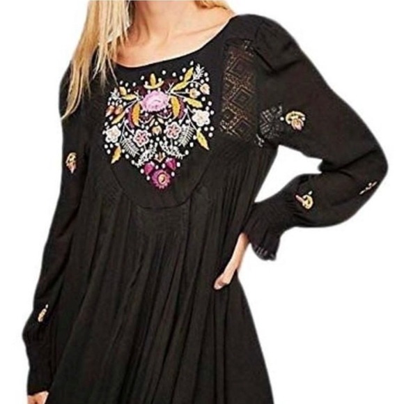 Free People Dresses & Skirts - Free People Mohave A-line‎ DressMini Dress Black XS Embroidered Boho Babydoll